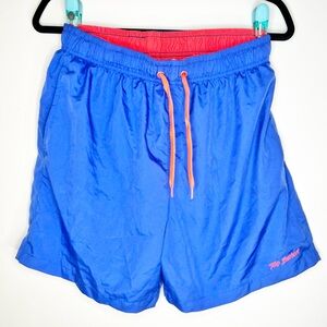 TOO BEACH Blue Swim Shorts with Red & Orange Accents - Size L